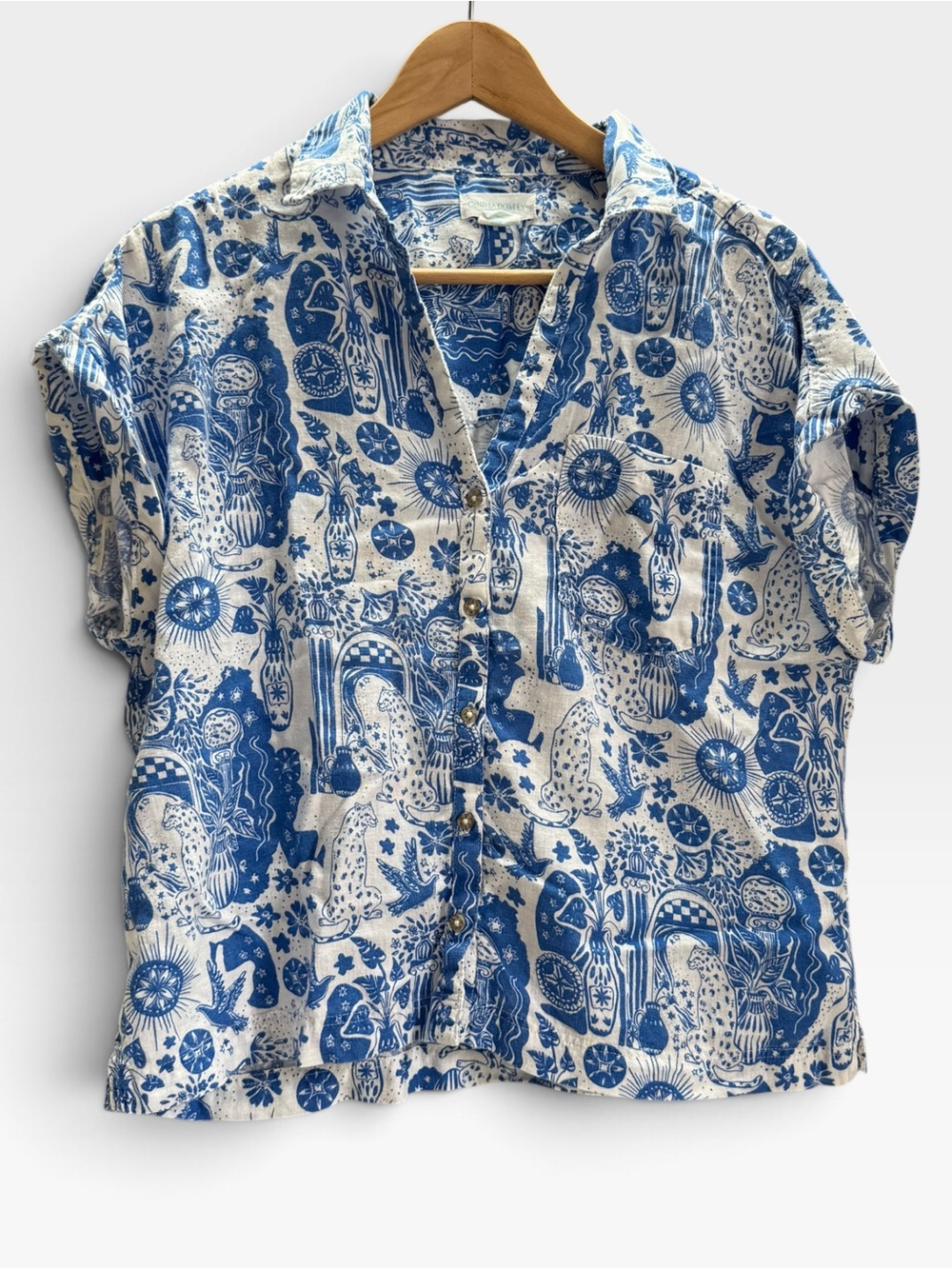 Cynthia Rowley Blue White Novelty Print Button Up Shirt M
